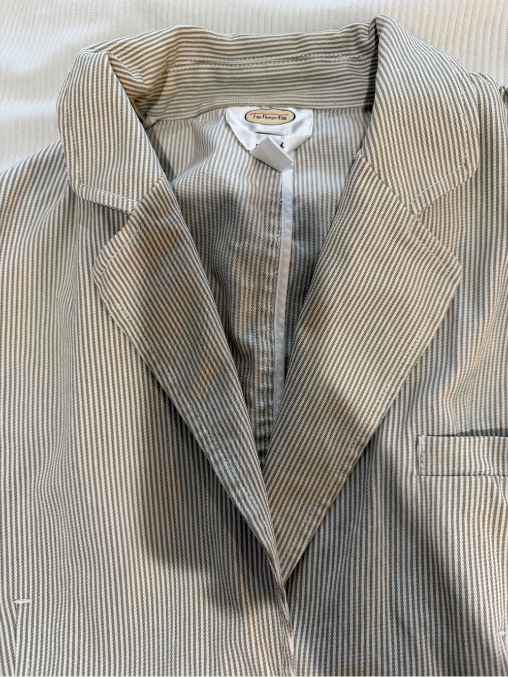Talbots Stretch Pinstripe Blazer Jacket Tan White Cotton Women's 12 Two Button - Picture 4 of 8